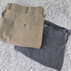 Haggar Mens 42x30 Gray Olive Classic Fit Flat Front Dress Pants Bundle 2 Pairs